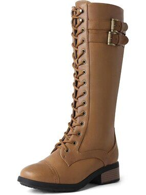 Women's Georgia-Camel knee High Riding Combat Boots Lace up with Fur Lining